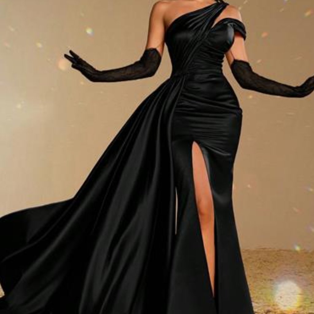 Black Or Green Elegant One-Shoulder Satin Gown With High Slit Detachable